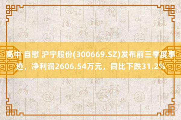 高中 自慰 沪宁股份(300669.SZ)发布前三季度事迹，净利润2606.54万元，同比下跌31.2%